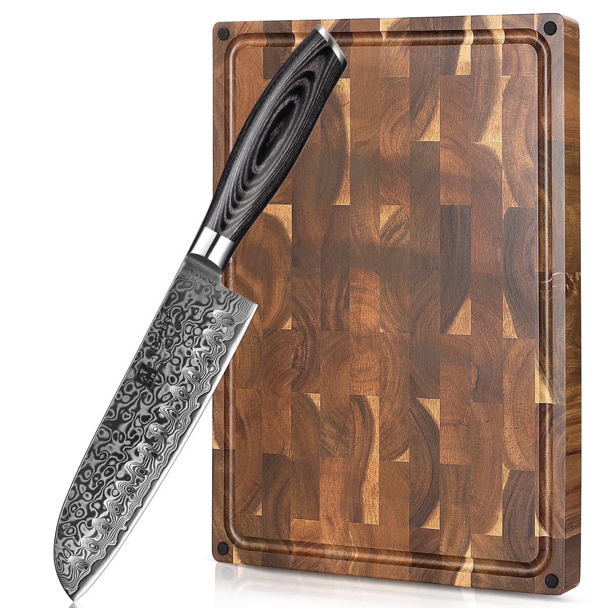 Couteau Santoku tranchant 67 couches Damas avec grande planche épaisse en acacia massif
