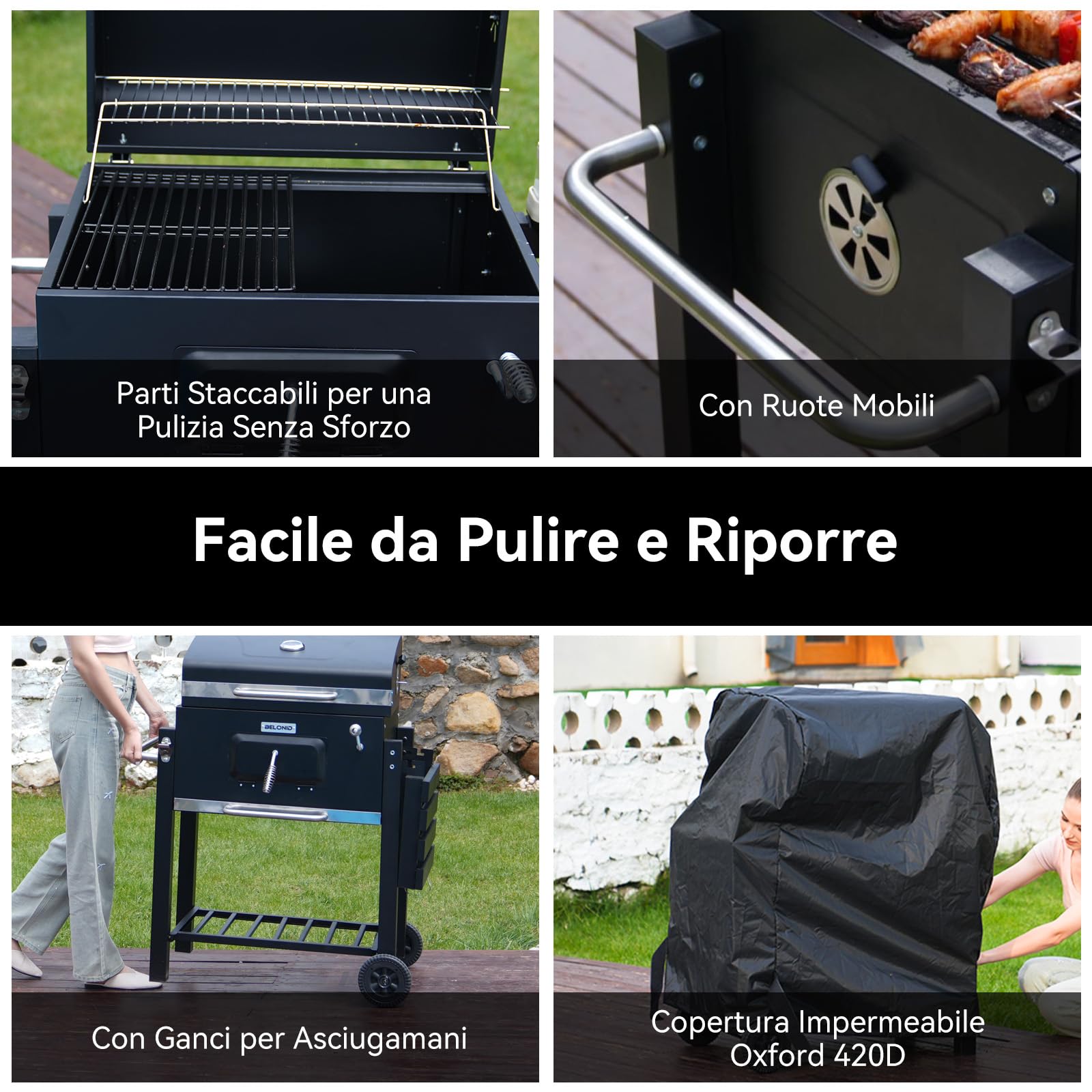 Barbecue a Carbonella, Barbecue con Coperchio, Superficie Cottura: 56×42,5 cm, Vassoio Carbone Regolabile in Altezza, Tavolino Laterale Pieghevole, Con Copertura Barbecue da Esterno