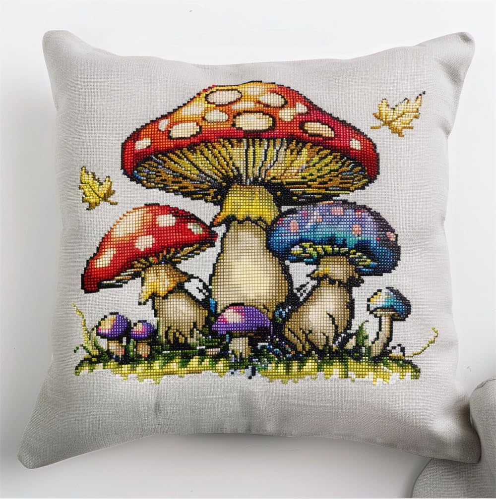 Henypt Stamped Cross Stitch Pillow Kits Colorful Mushrooms 17.7X17.7In(45X45Cm) 11Ct Pre-Printed DIY Cross Stitch Cushion Pillow Case Cover Embroidery Kit for Adults Needlepoint Handmade Cushion Fo