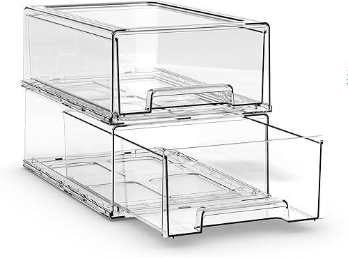 Paquete de 2 cajones de plástico para almacenamiento, cajones de almacenamiento apilables transparentes grandes con cajones, organizador de cajones