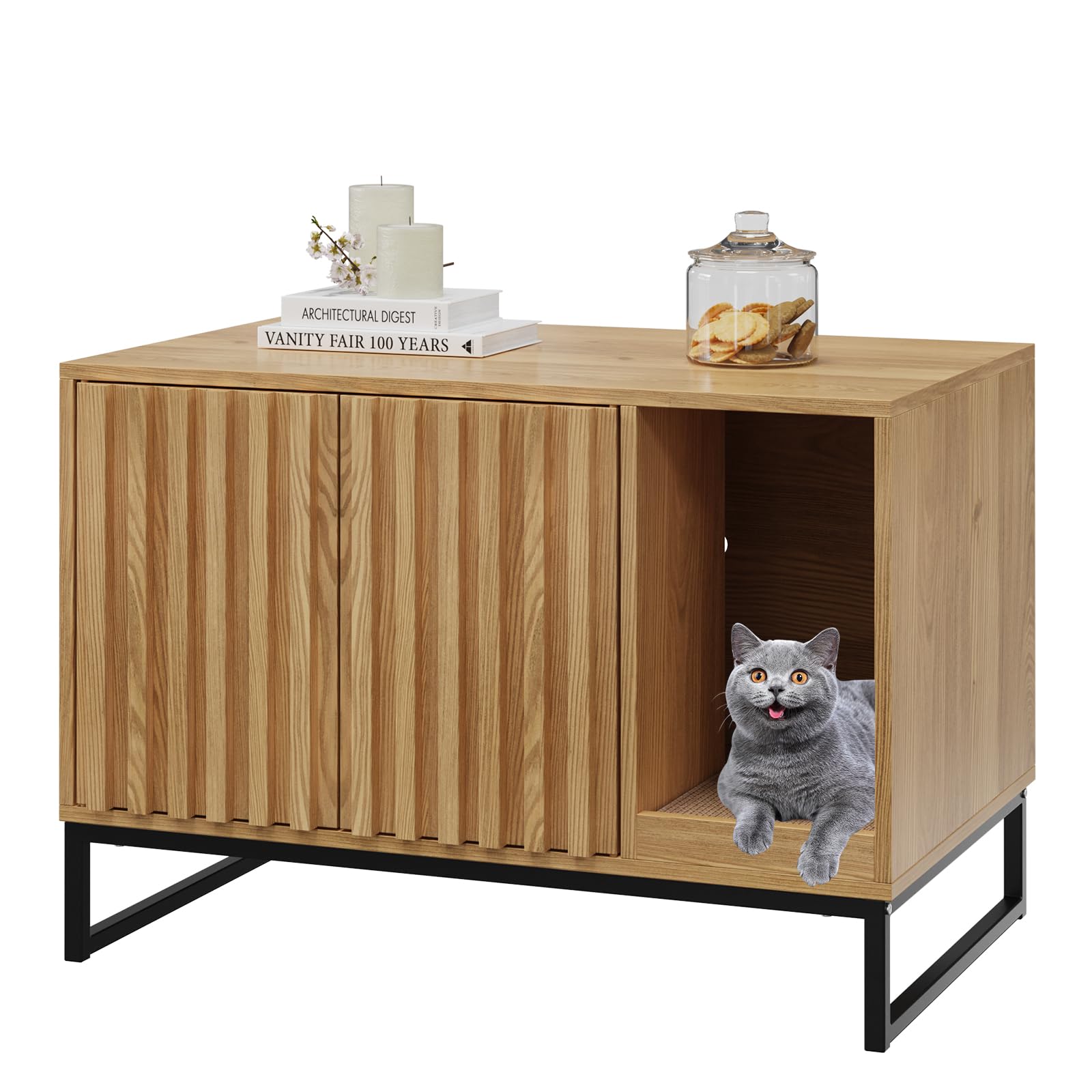 Vabches Litter Box Enclosure, Modern Fluted Cat Hidden Litter Box Furniture with Scratch Pad, Cat Washroom House End Table for Living Room, Natural