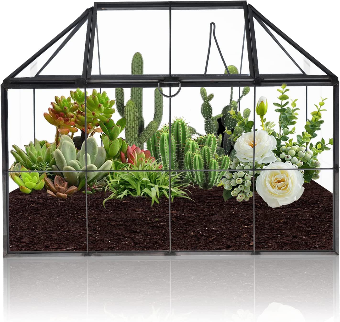 Homtone Grand Terrarium géométrique de 23 cm, boîte en Verre Faite à la Main, Pot de Fleurs Miniature Vintage pour Plantes Grasses, Cactus, Plantes aériennes (Forme de Maison Noire)