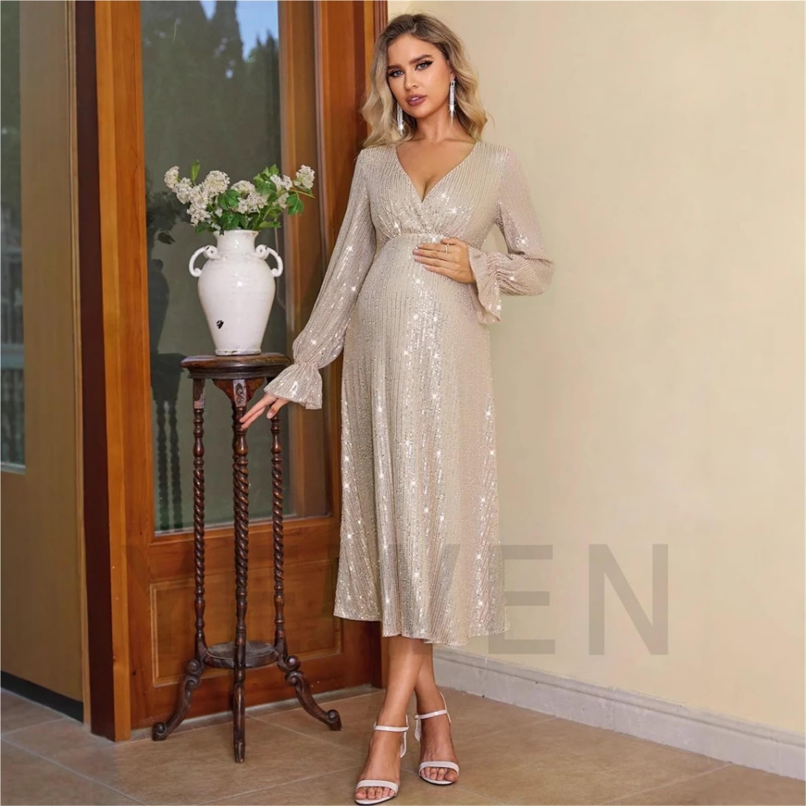 Robe Grossesse Robe de maternité for Femme Enceinte, Manches Longues, Paillettes, col en V, Robe trapèze élégante