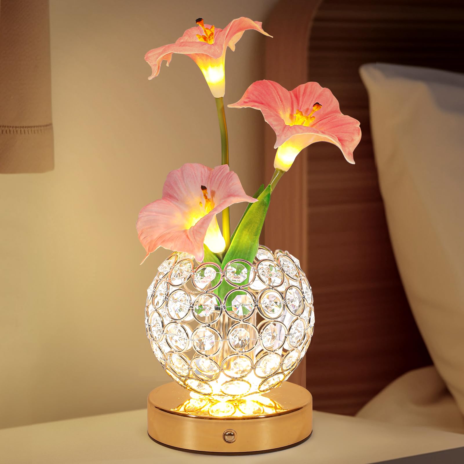 Pink Morning Glory Flowers Table Lamp, Rechargeable Cordless Touch