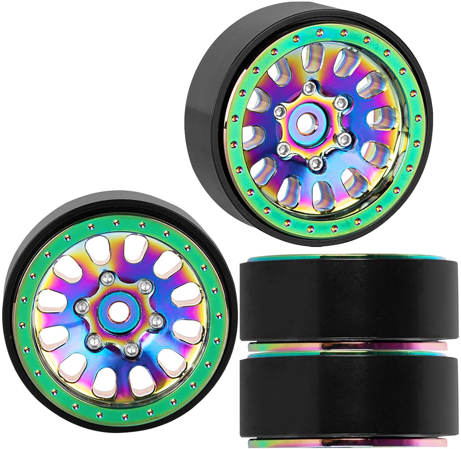 1.3" Beadlock Wheel Rims for TRX4M 1/18 SCX24 1/24 RC Crawler Car,(4PCS) Aluminum RC Wheels Rims,Rainbow