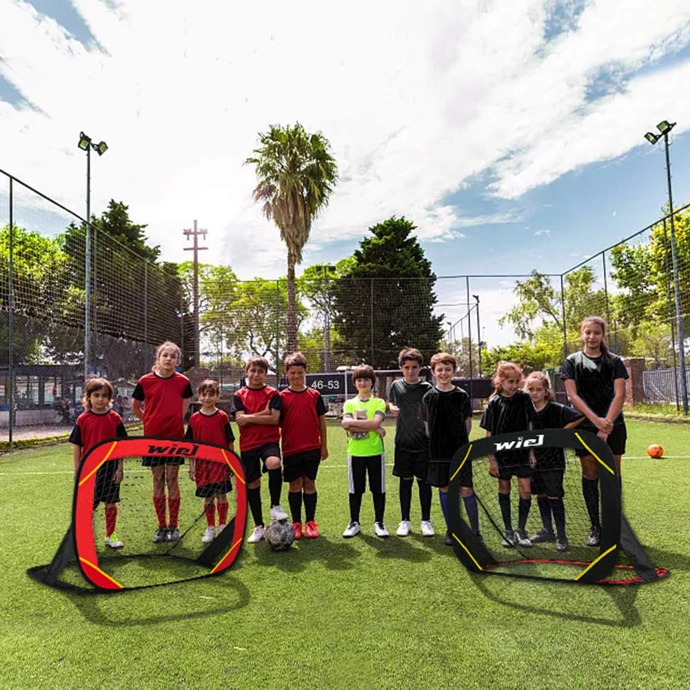 Wiel Set di 2 porte da calcio pop up, reti da calcio portatili per bambini per allenamento in giardino e gioco di squadra, 121 x 81 cm, set da porta pieghevole rosso/nero con borsa per il trasporto,
