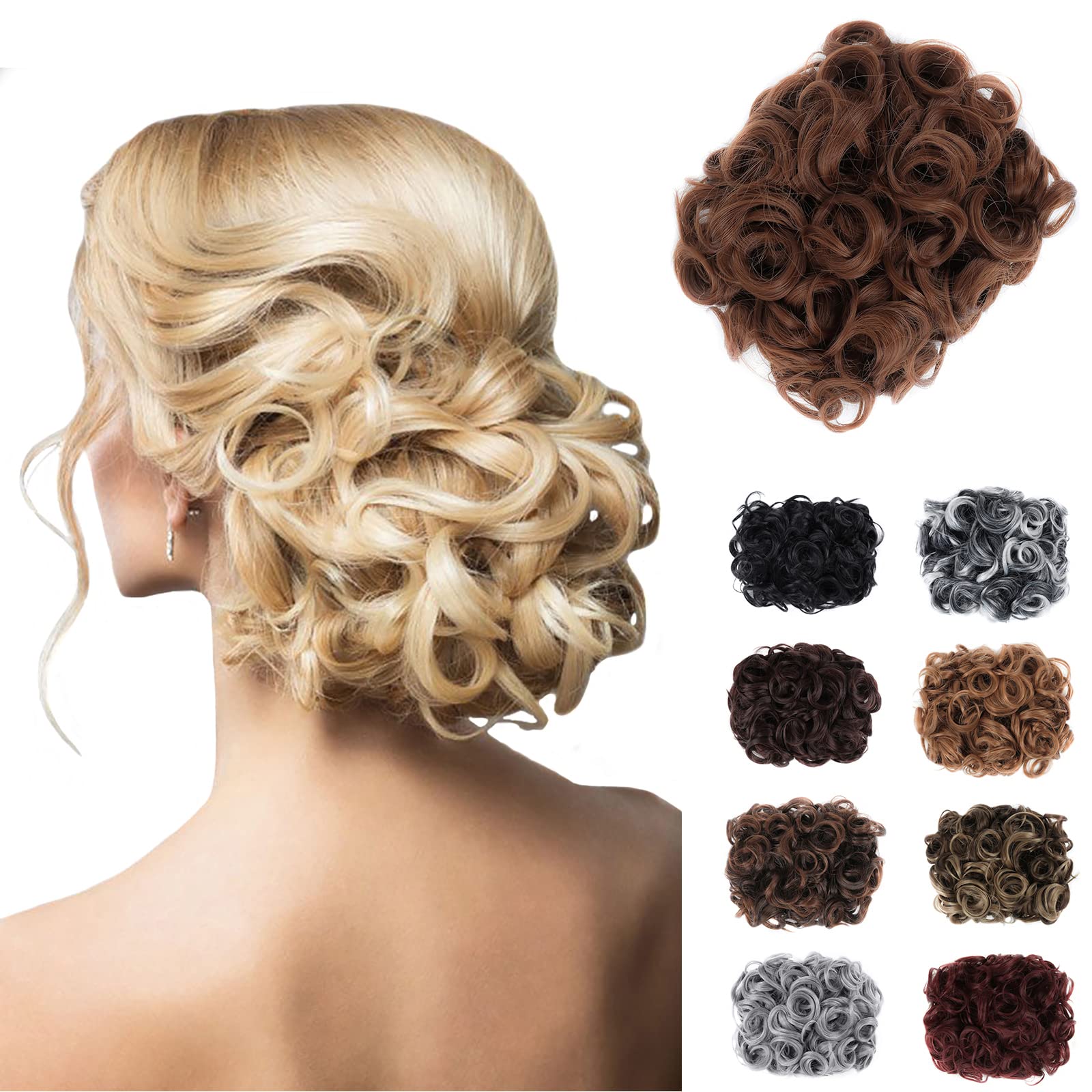 Elaine Combs Messy Bun Hair Piece Curly Dish Hair Buns Extension Thick Chignon Hairpiece Clip in Ponytail Scrunchies Hair Pieces for Women (Light Reddish Brown