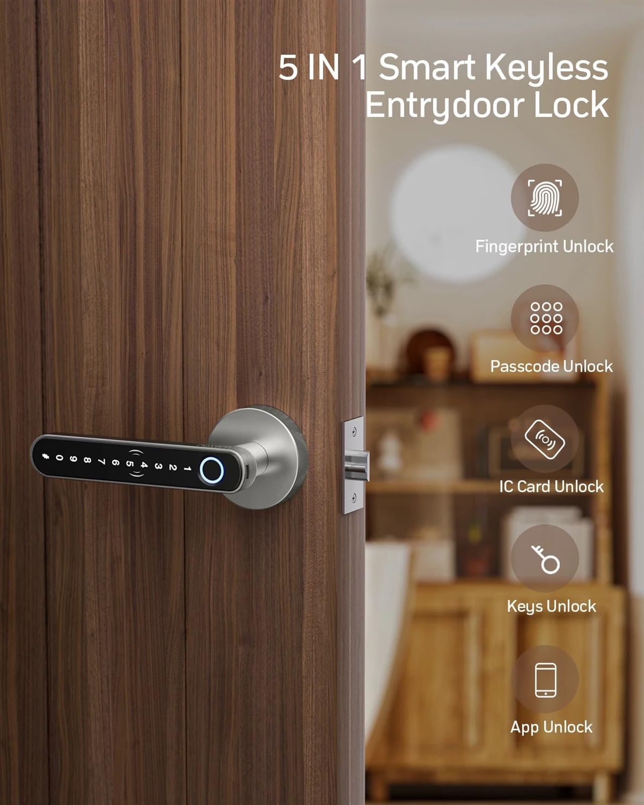 Serrure Connectée Serrure de porte intelligente à empreintes digitales, serrure de porte d'entrée sans clé avec poignée, cartes APP/IC/Codes/clés/empreintes digitales, électronique biométrique