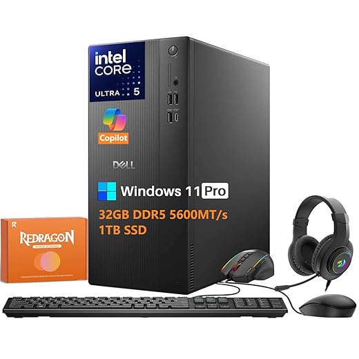 Dell Tower Desktop Computer Ect1250 for Business, Intel Core Ultra 5 225 (Up to 4.9GHz), Intel UHD Graphics, 32GB DDR5 5600MT/s, 1TB SSD, Wi-Fi 6, Windows 11 Pro, W/REDRAGON Accessories