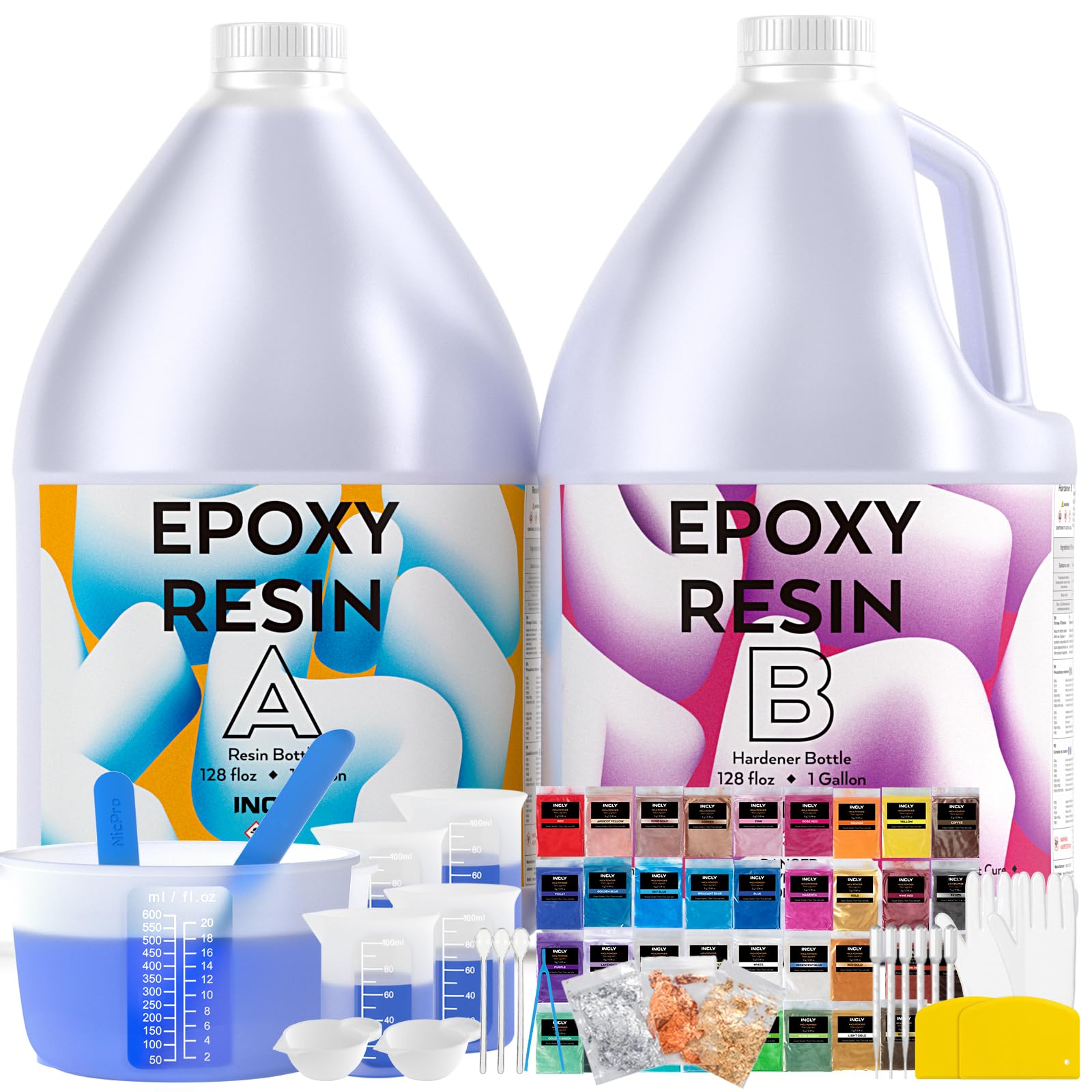 INCLY 2 Gallon Crystal Clear Epoxy Resin Kit, Casting & Coating Resin Supplies for Jewelry Making, River Table Tops, Art Painting, with 36 Colors Mica Powder, Large Silicone Cup & Sticks