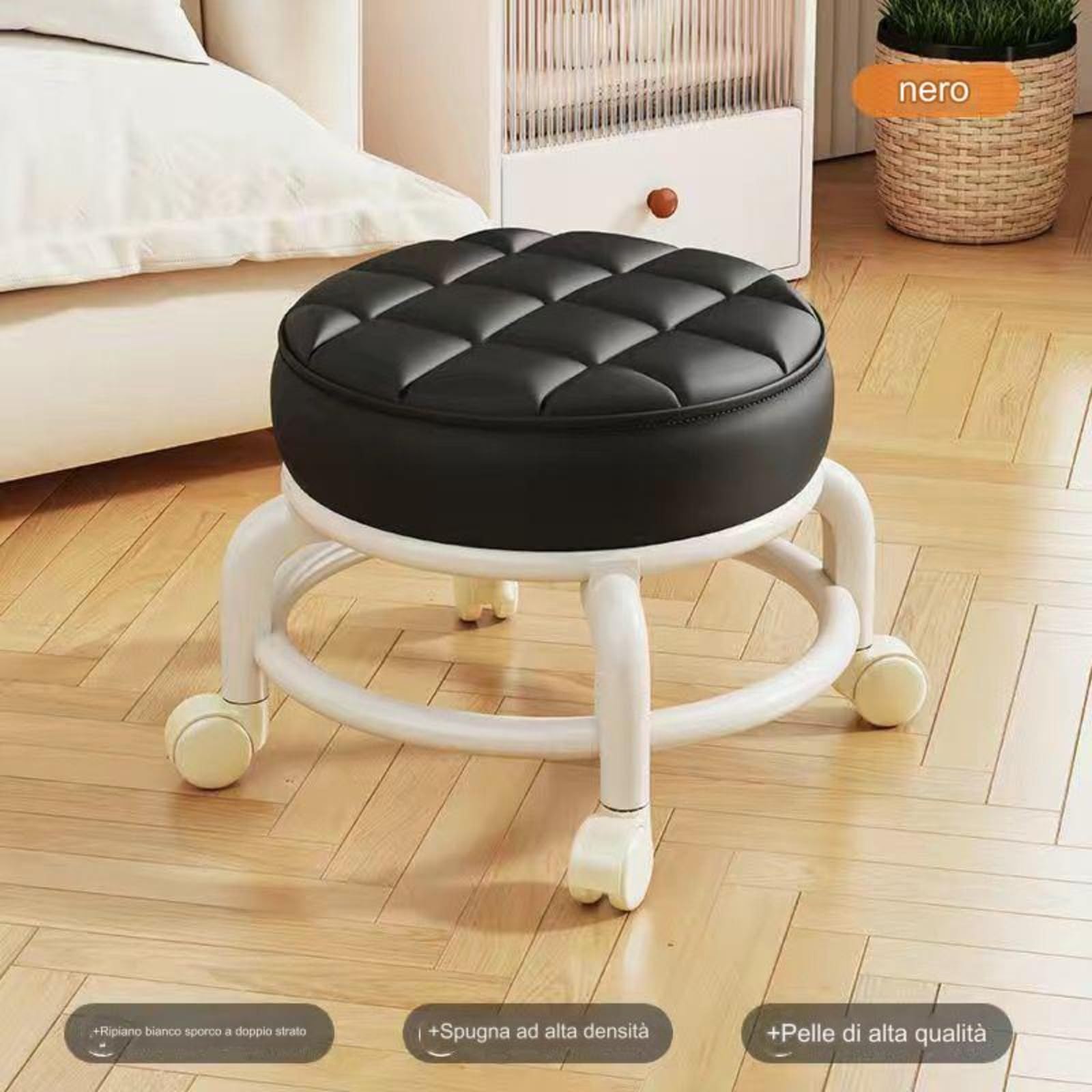Sgabello piccolo con rotelle, sgabello per pedicure, sgabello girevole con ruote, sgabello regolabile a 360°, sgabello da toilette con rotelle, per spa, casa (beige)