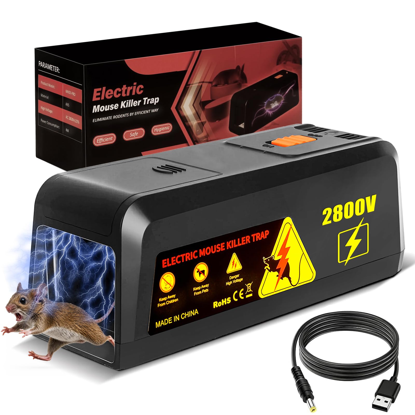 2800V Rattenfalle Elektrisch,Hochspannungs Elektrische Mausefalle,Rattenfallen Schlagfallen,Elektrischer Mausfänger,Schmerzloser Elektronische Schlagfalle