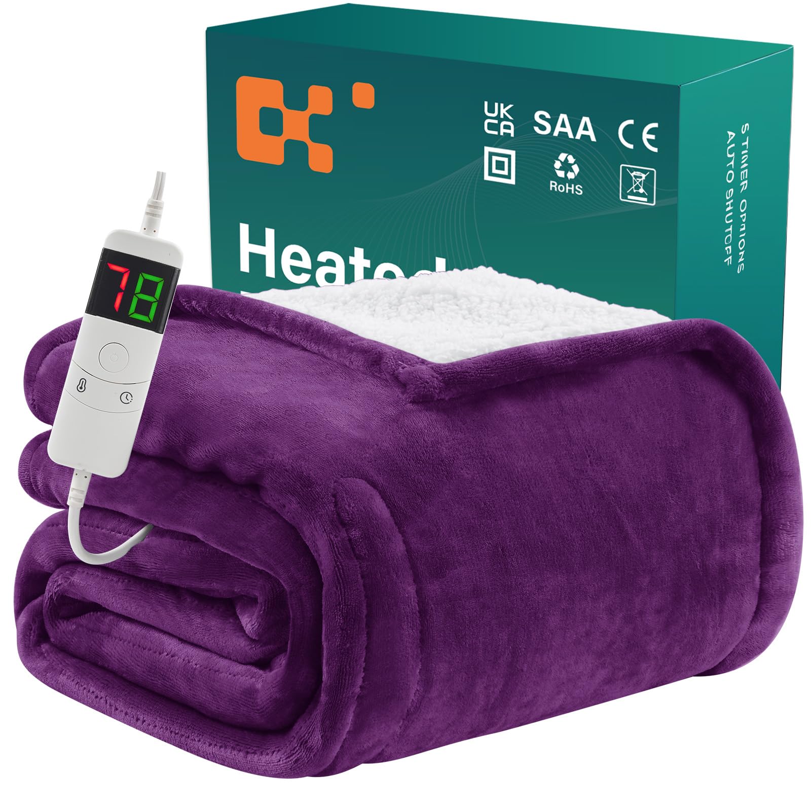 BOMOVA Coperta riscaldata spegnimento automatico, soffice coperta natalizia, 10 impostazioni di calore e timer da 5 ore, regalo per donna, decorazione natalizia per letto/divano, 130x180 cm, viola