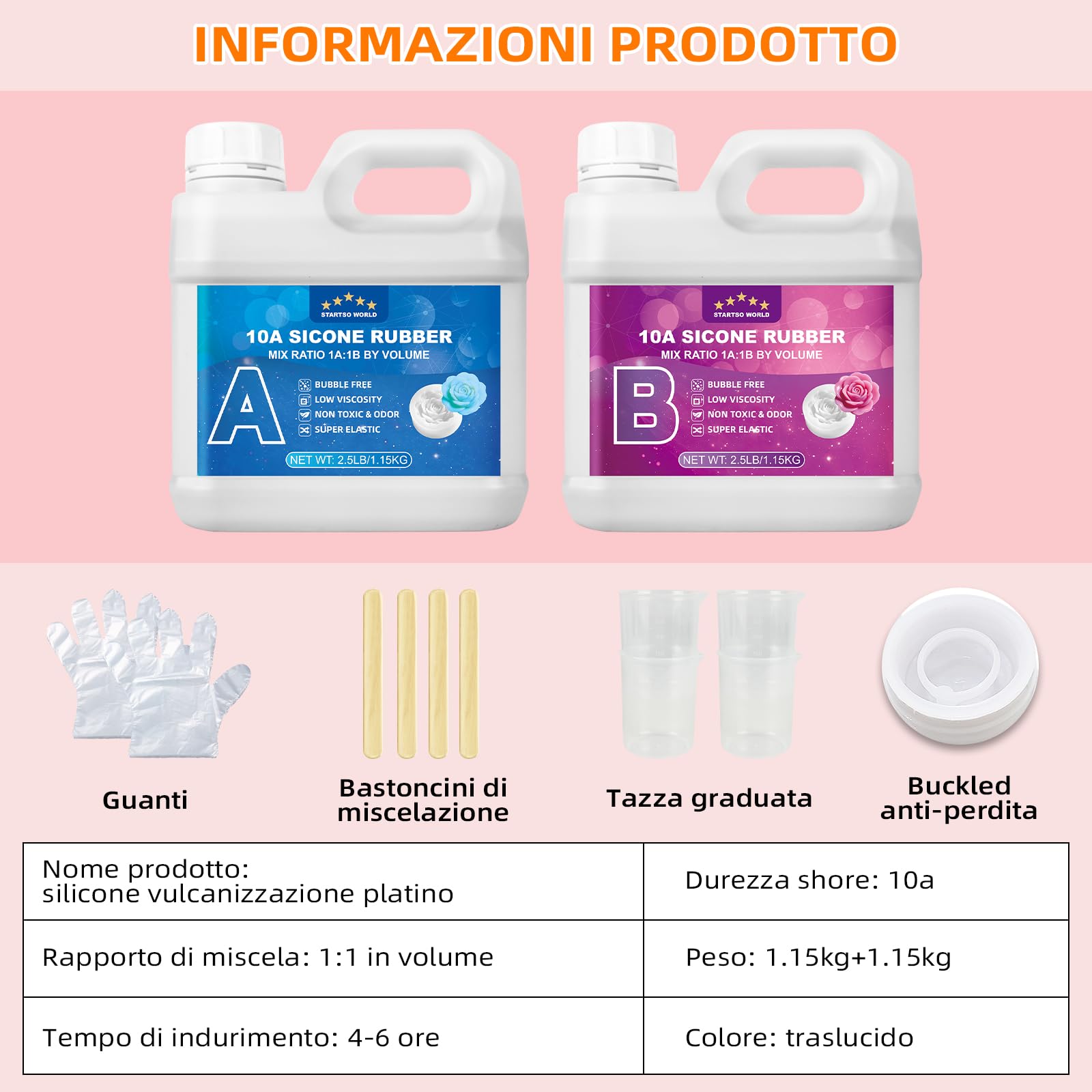 Silicone per Stampi 10A, Silicone Liquido per Moulage, 1:1 per volume, Non Tossico, Perfetto per la Realizzazione di Resine, Moulage, Cera, Intonaco （Translucido, 2.5KG）