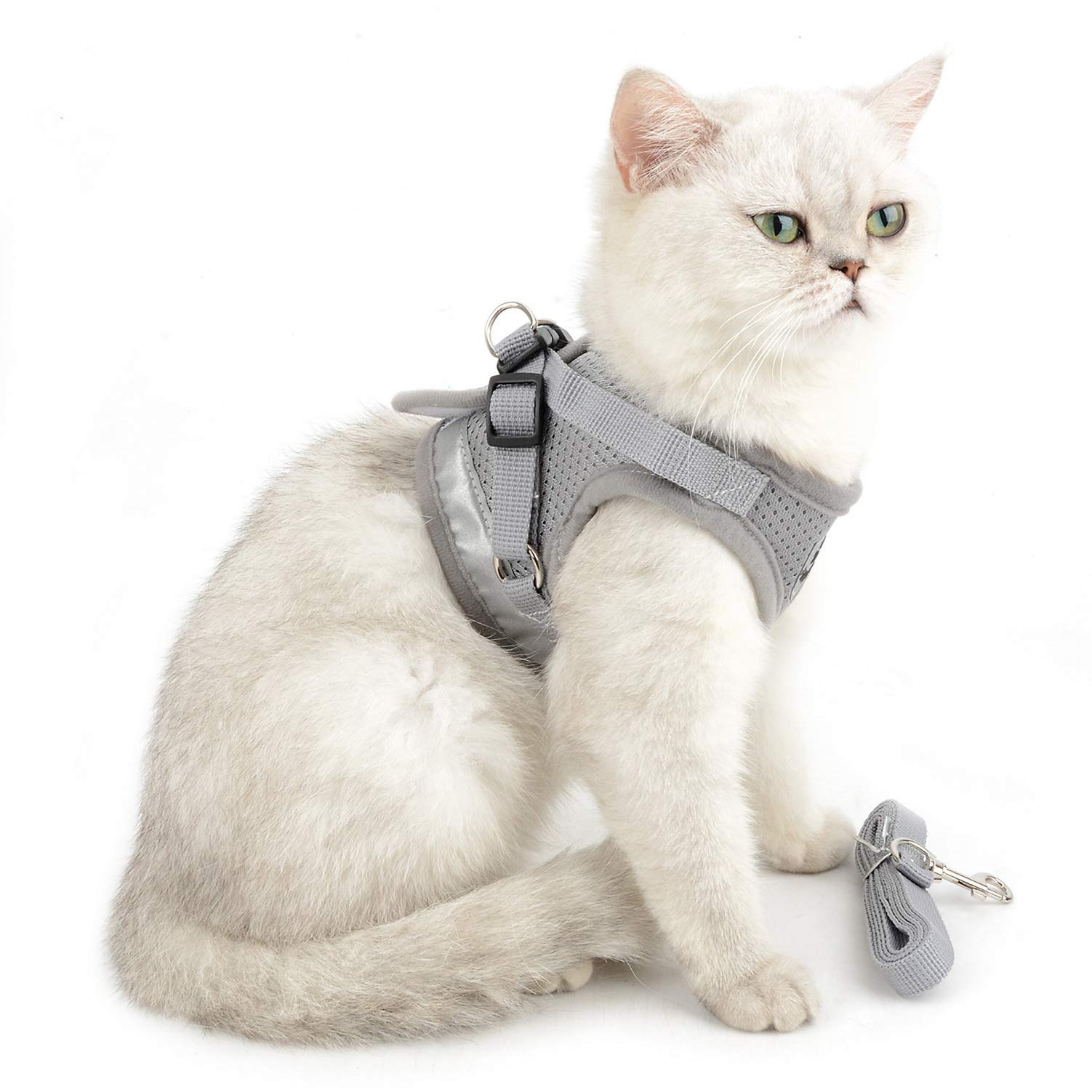 SELMAI Soft Mesh Harness for Cats Reflective No Pull No Choke Step-in Escape Proof Padded Vest for Puppy Small Dogs Boys Adjustable Leash Lead for Kitten Walking Chihuahua Yorkie Gray L