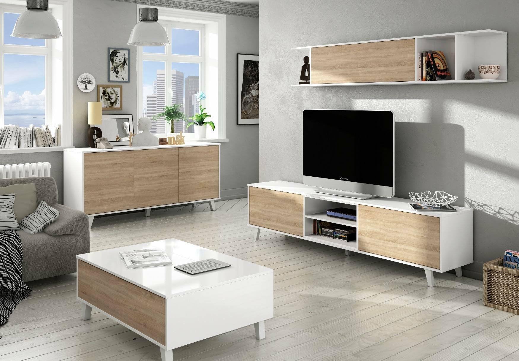 Dmora - Credenza Arvada, Madia moderna a 3 ante e ripiani, Buffet da cucina, Buffet di design da soggiorno, 154x40h75 cm, Bianco e Rovere
