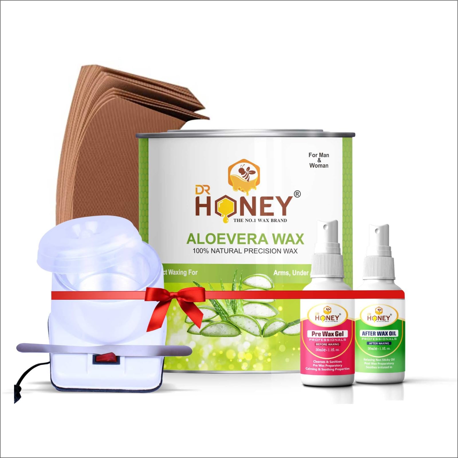 DR HONEY AloeVera hair removal wax 100% natural precision wax with strips, heater with knife, pre wax gel, after wax oil for woman,man 589GRAM-image-12