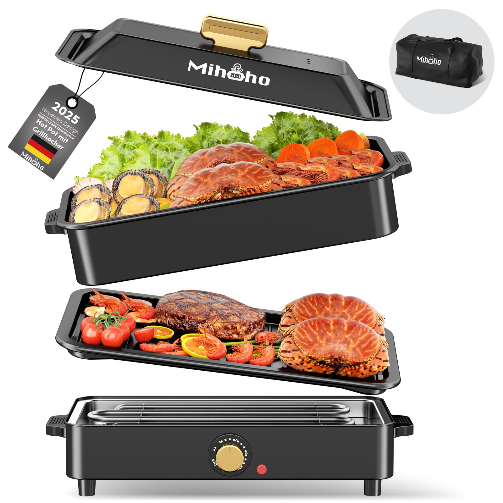 Abilità elettrica per barbecue e hotpot con borsa per il trasporto, 1400 W, padella multifunzione 2 in 1, fornello lento, grande capacità antiaderente con coperchio, fornello regolabile (nero)