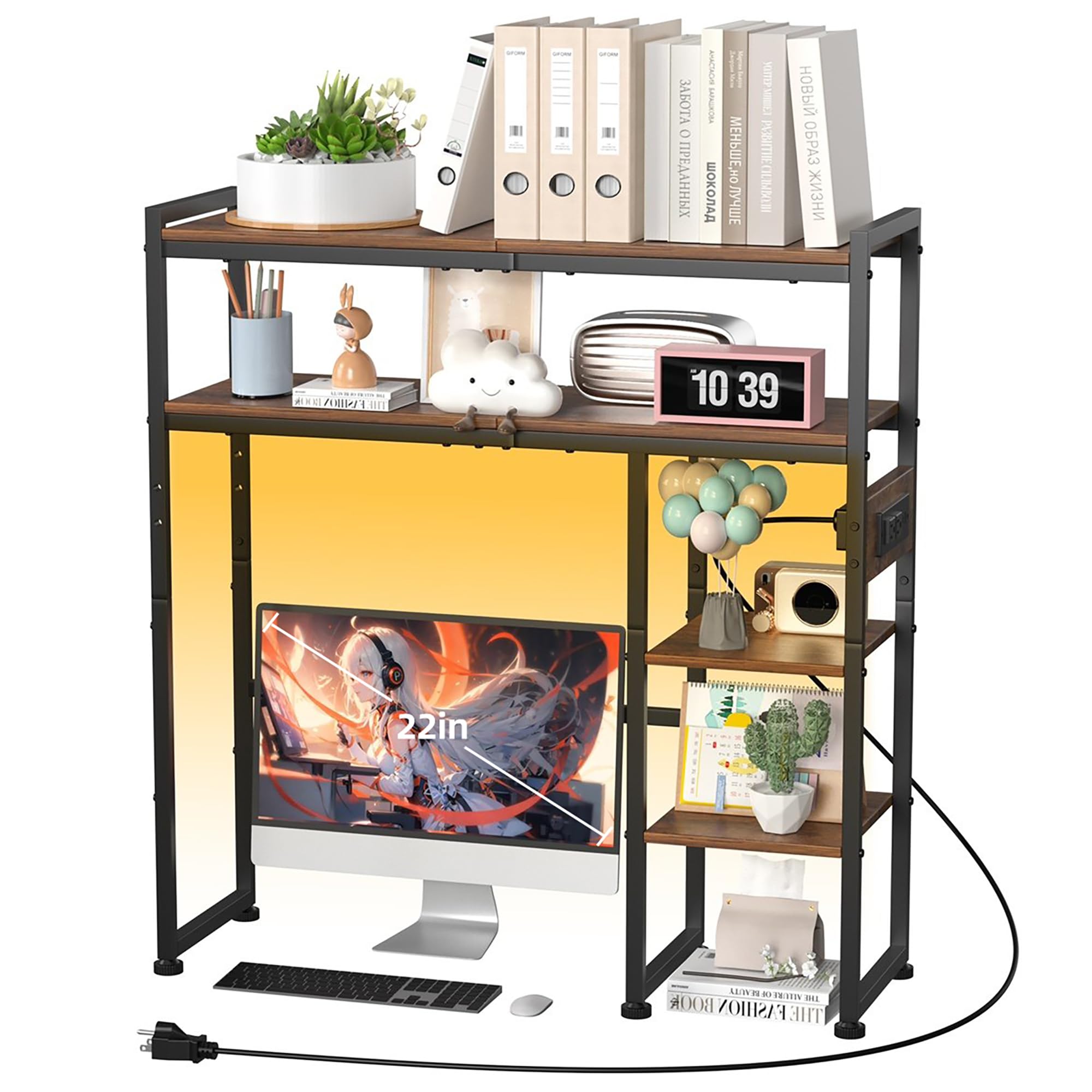 Aetheris Desktop Organizer Shelf, 30" Wooden Office Storage Rack with Outlets, Display Shelf Rack with Light Strip, 5 Tier Desktop Display Rac, Desk