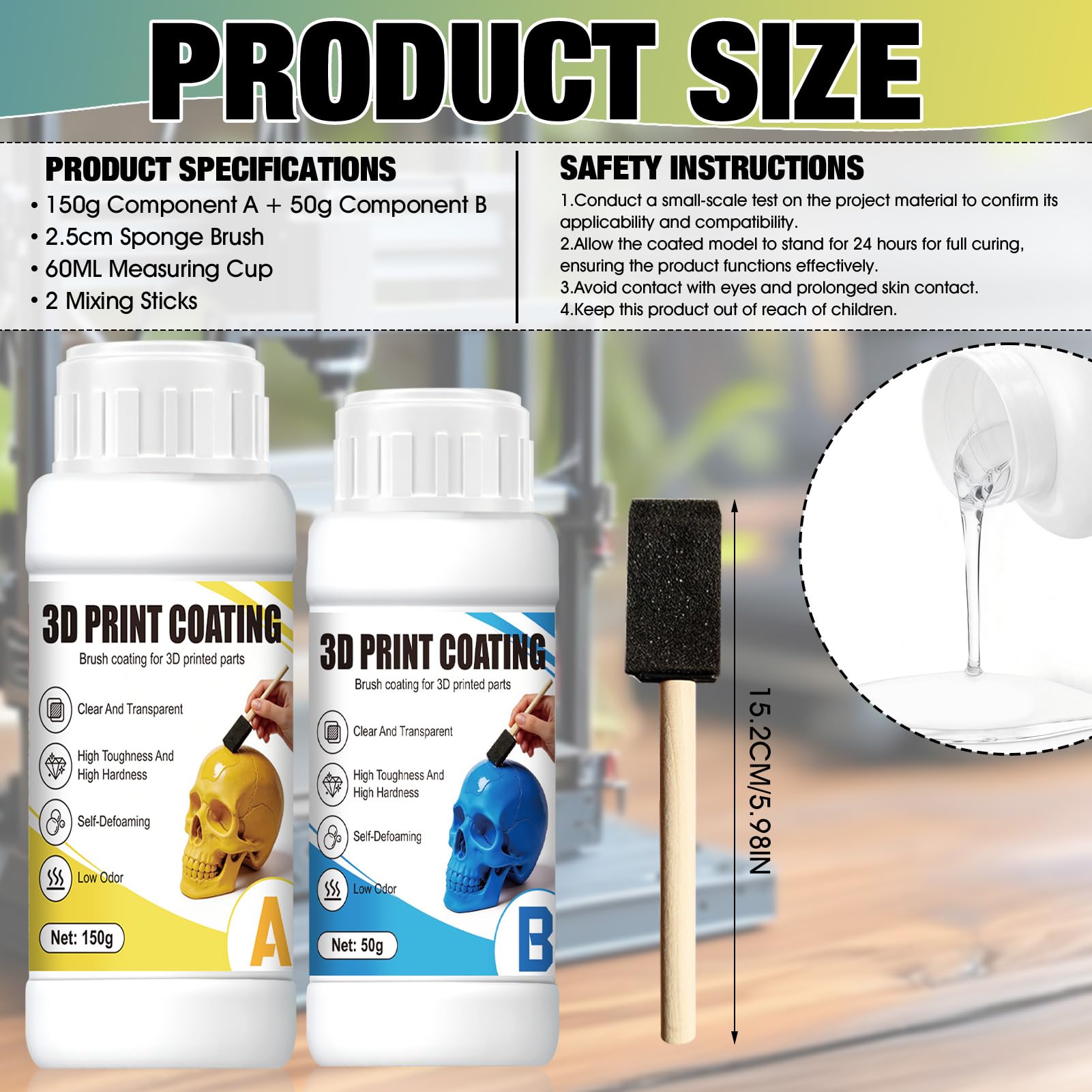 Coating 3d-Print Coating, Resina Epossidica Trasparente, 3d finish resin per Levigatura e Rifinitura di Stampe 3d Produce una Finitura Liscia e Lucida, 150G+50G