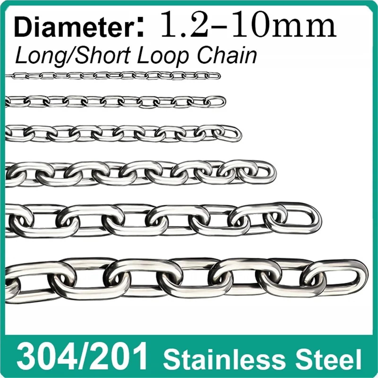 Cadena Acero Inox Cadena de acero inoxidable 304 soldada altamente pulida 1,2-12mm diámetro, eslabón corto largo cualquier metro longitud for encuadernación elevación(304 Long Link,5.0mm)