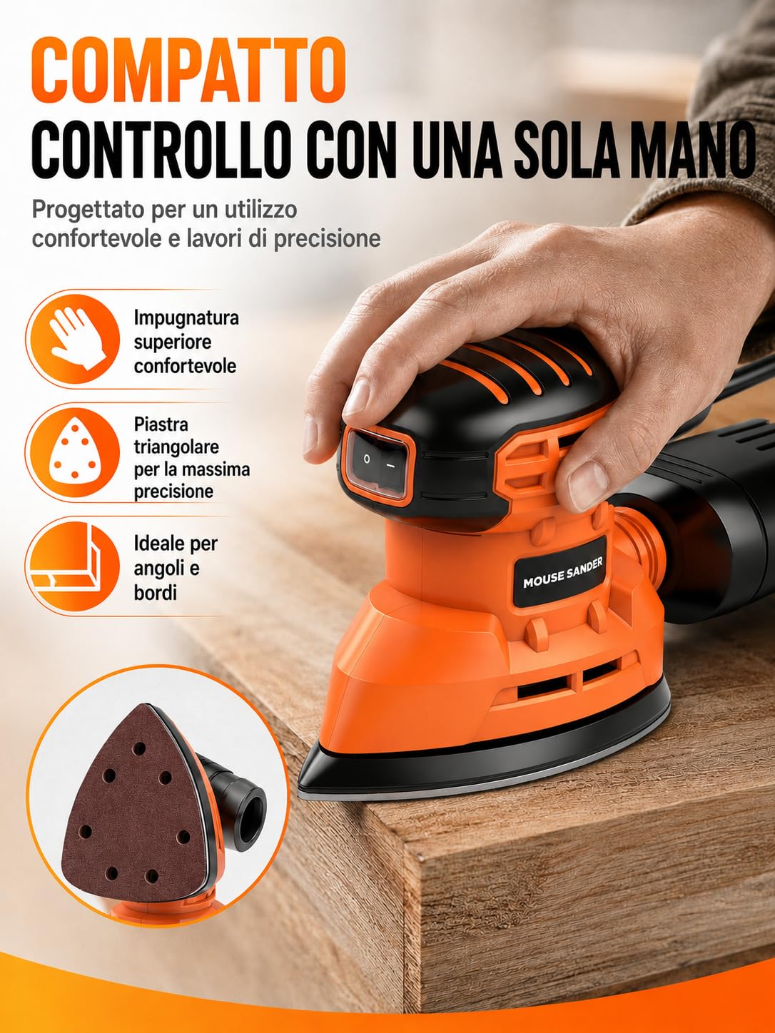VOBOR Levigatrice Per Legno 150W, 13000RPM con Aspirazione della Polvere e 14 Fogli Abrasivi, Levigatrice Mouse Elettrica per Levigare, Lucidare e Rimuovere in Falegnameria e DIY