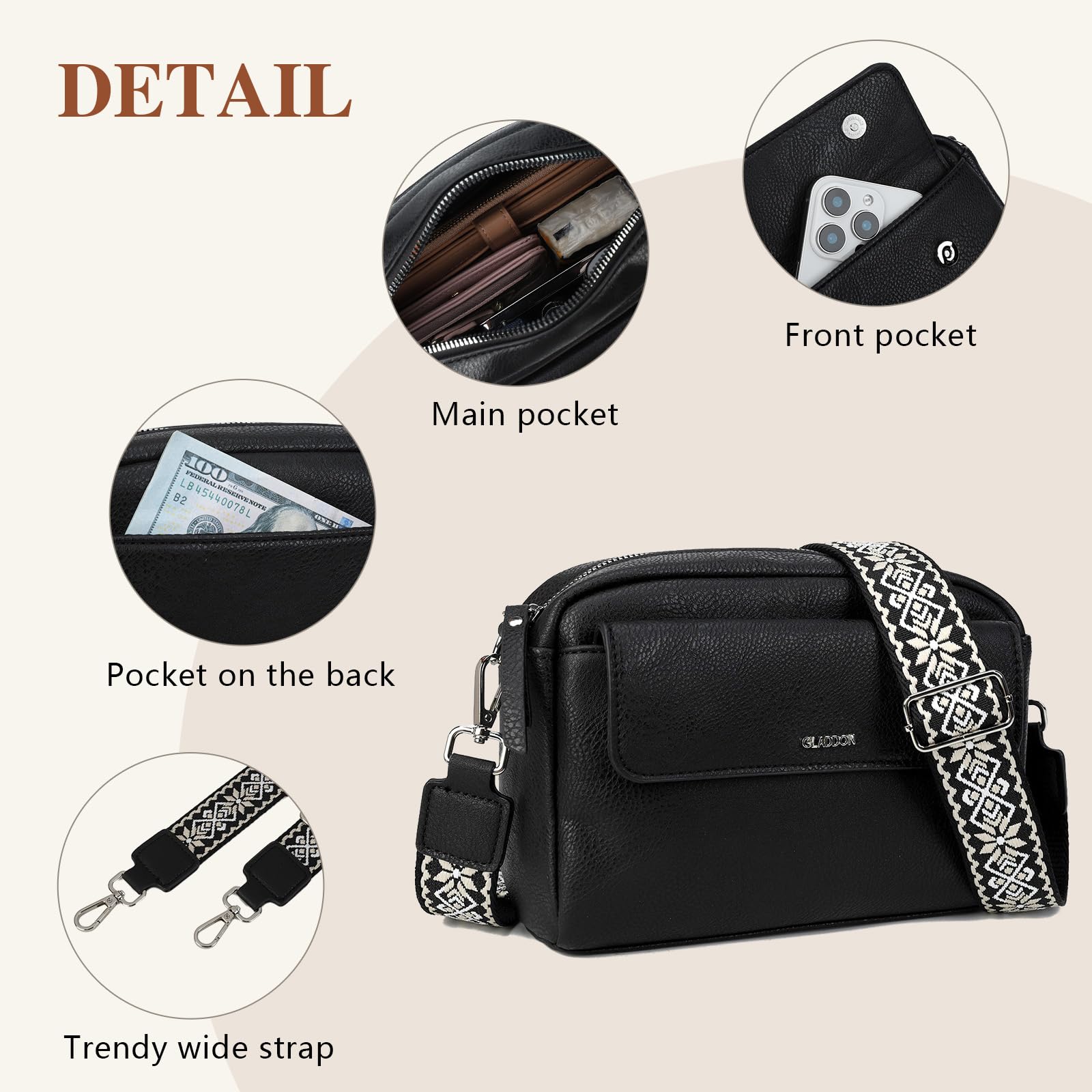 Gladdon borsa donna, borse piccola tracolla, borsa tracolla donna in pelle PU, con tracolla rimovibile, ampio nastro jacquard per uso quotidiano, regalo per le donne
