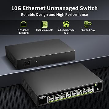 8 Port 10G Ethernet Switch Unmanaged,with 8X 10Gb Base-T Ports, NICGIGA 10Gbps Network Switch Easy for 10G NAS,PC,WiFi7 Router,10G Adapter/NIC. Desktop or 19-inch Rack Mount, Plug and Play.