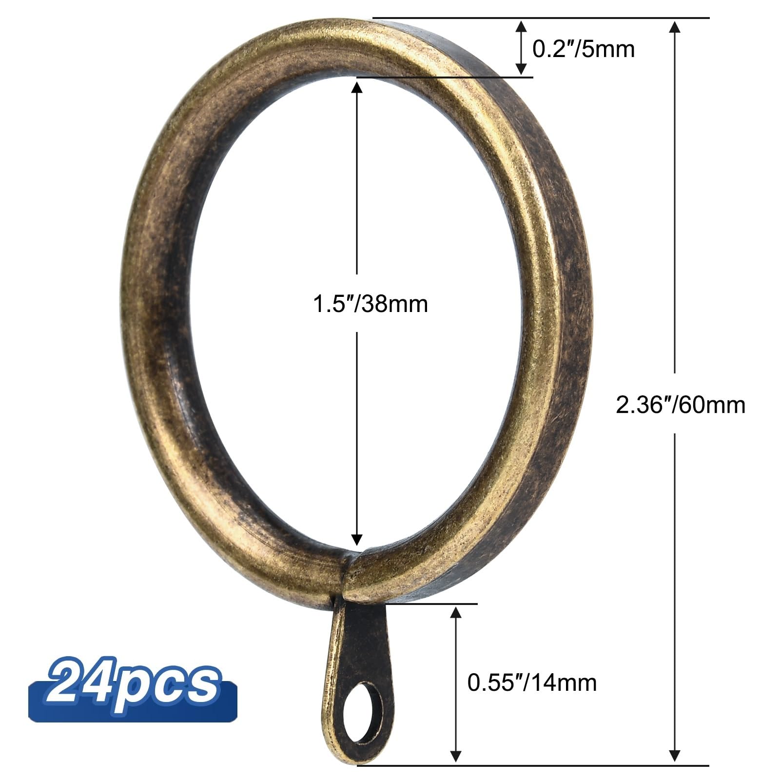 24 anelli per tende in metallo con diametro interno da 3,8 cm, con occhiello piatto, filo spesso a semicerchio, adatti per aste fino a 3,8 cm (ottone anticato, 24 pezzi)