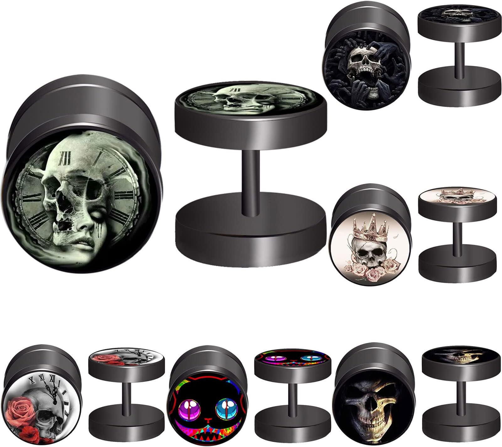 6Pairs Skull Mens Earrings Fake Gauge Earrings Fake Plugs Earring for Men Men’s Black Studs Earrings with Screw Flat Backs Surgical Steel