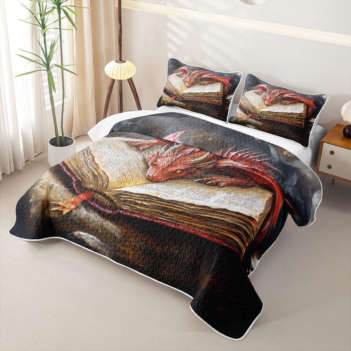 Homewish Western Red Dragon podwójna kołdra zestaw 3-częściowy | Western Animal egzotyczna narzuta na łóżko całoroczne retro książki nadruk narzuta zestaw elegancki styl pikowana pościel