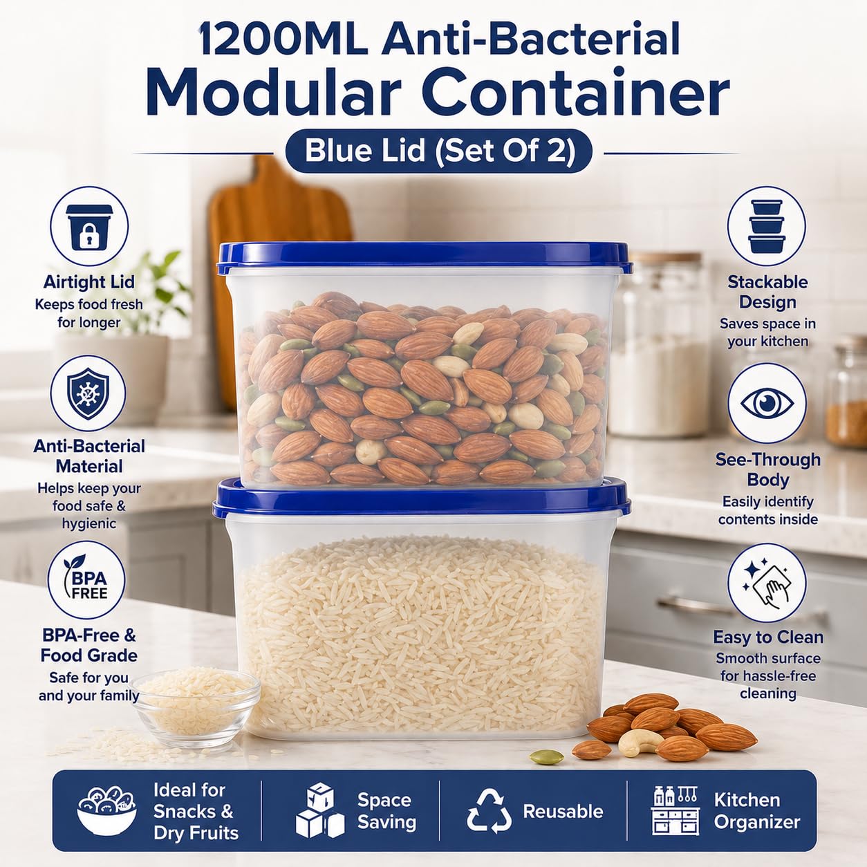 Cutting EDGE Sello antimicrobiano | Recipientes de almacenamiento de protección antibacteriana ovalados | Cocina modular | para Harina, Modular, 1200ml, Juego de 2, Azul Marino