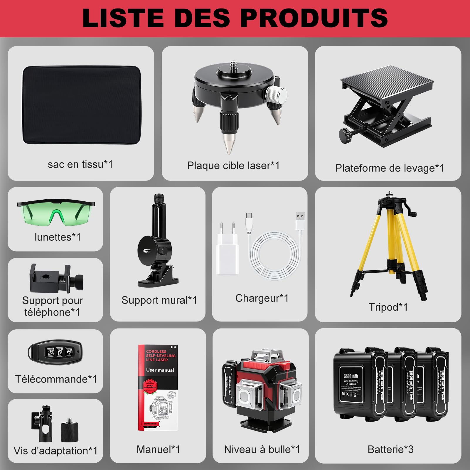 Niveau Laser avec Trépied 4D 16 Lignes, Laser à Lignes Croisées Vertes, Niveau Laser Chantier Autonivelant 360°x4, Lasers de Construction avec 3x3600 mAh Batterie APP/Télécommande, Trépied de 1 m