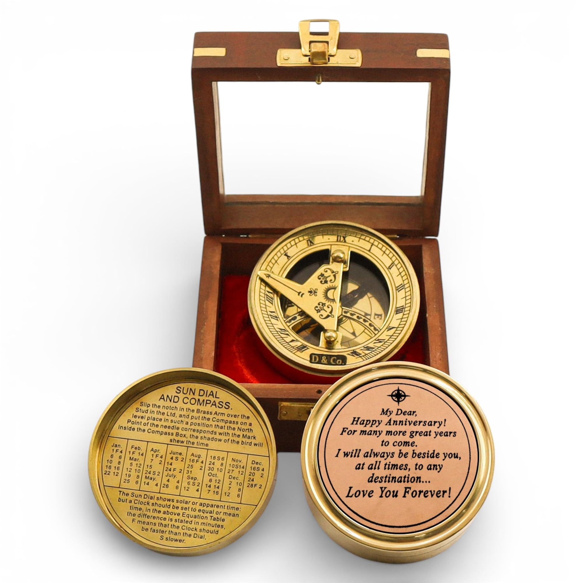 Sundial Compass for Him with Wooden Box – Brass Nautical Compass & Sundial Navigation Instrument, Romantic Gift for Husband, Boyfriend, Vintage Marine Compass