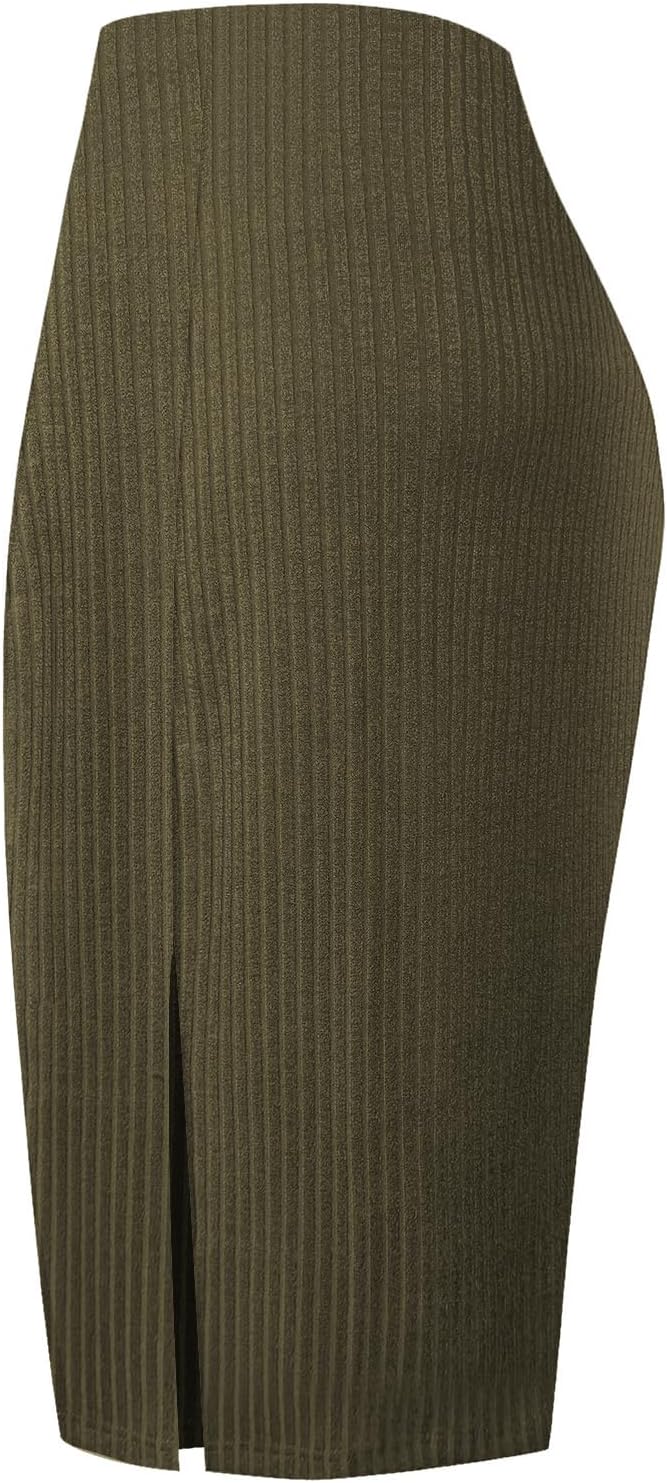 Urban CoCo Women's High Waist Stretch Ribbed Knit Pencil Skirt Midi Length with Side Slit Office Work Bodycon Style - Image 3