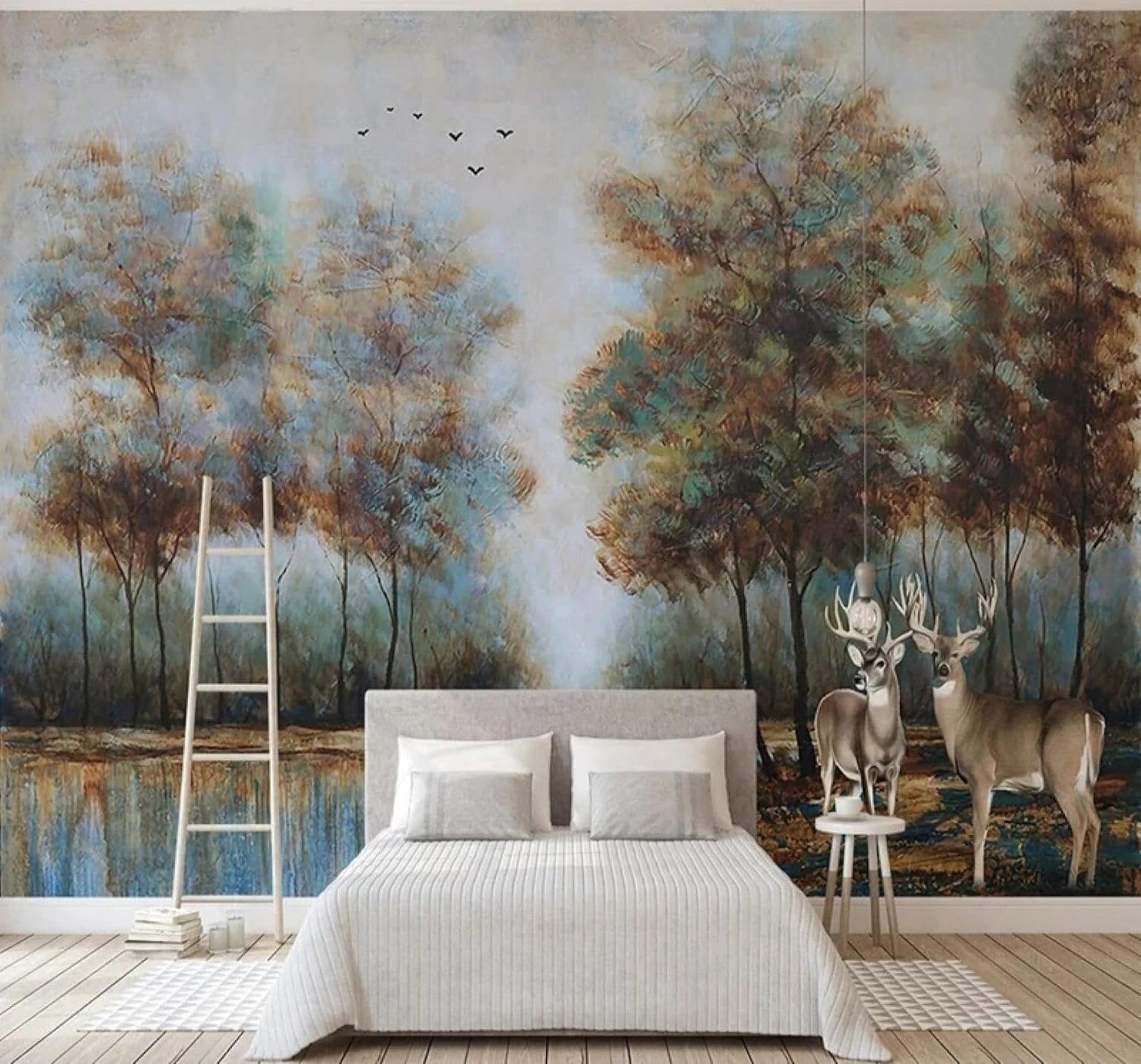 XLMING Vintage Nostalgic Moose Birds Forest 3D Wallpaper Luxury Silk Study Dining Feature Sofa Grey Bedroom Living Room Tv Decorative Wall-250cm×170cm