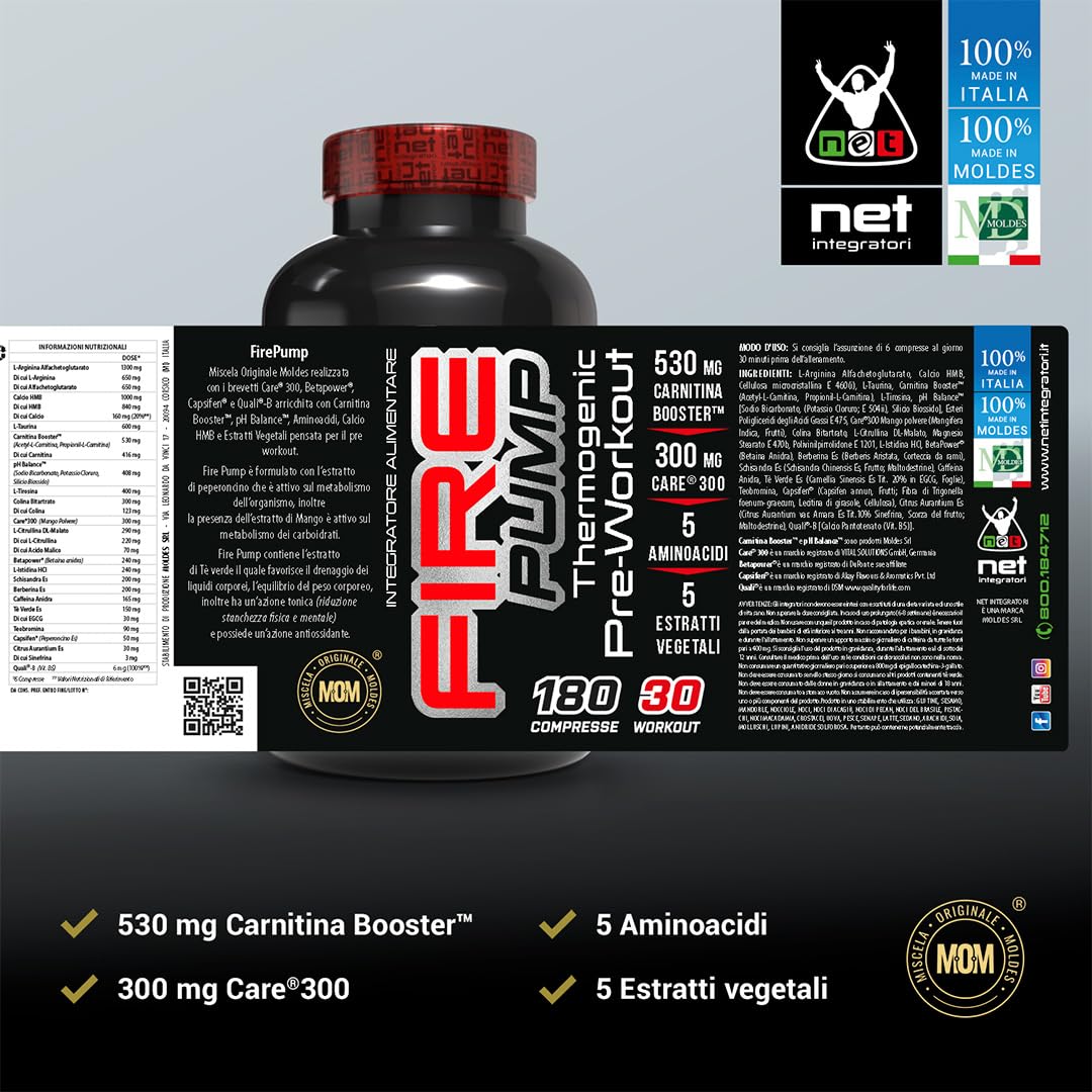 Net Integratori Fire Pump 180 cpr – Integratore Pre-Workout per la fase Cut – Propionyl-L-Carnitina e Acetyl-Carnitina per Energia Resistenza e Supporto alla Massa Muscolare