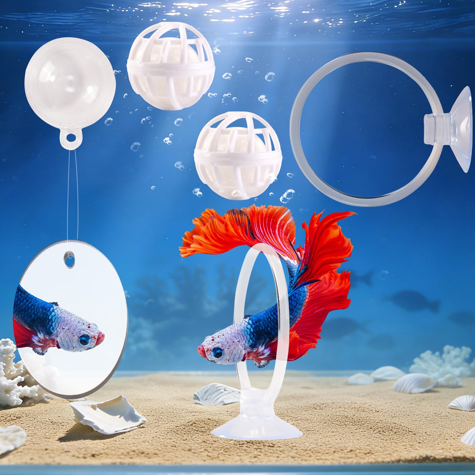 Betta Fish Toys, 2 PCS Fish Exercise Ring and Nitrifying Balls Set, Betta Mirror Toy Set, Feeding Ring with Suction Cup, Fishing Tank Accessories for Gifts (Clear)
