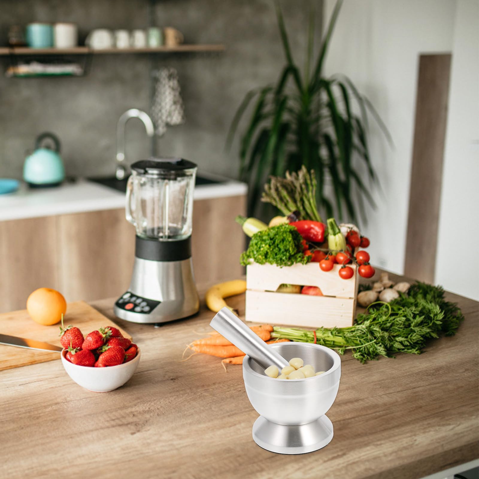 ULTECHNOVO Mortaio in Acciaio Inossidabile per Cucina, Schiaccia Aglio Grande Design Ergonomico, Facile da Conservare, Utile Gadget da Cucina per Miscelare Spezie