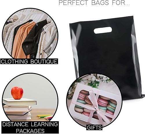 Miniatura 5 de InfinitePack - Bolsa de plástico con asa troquelada, 12 x 15 pulgadas, bolsas de plástico negro para mercancía, paquete de 100 unidades para venta