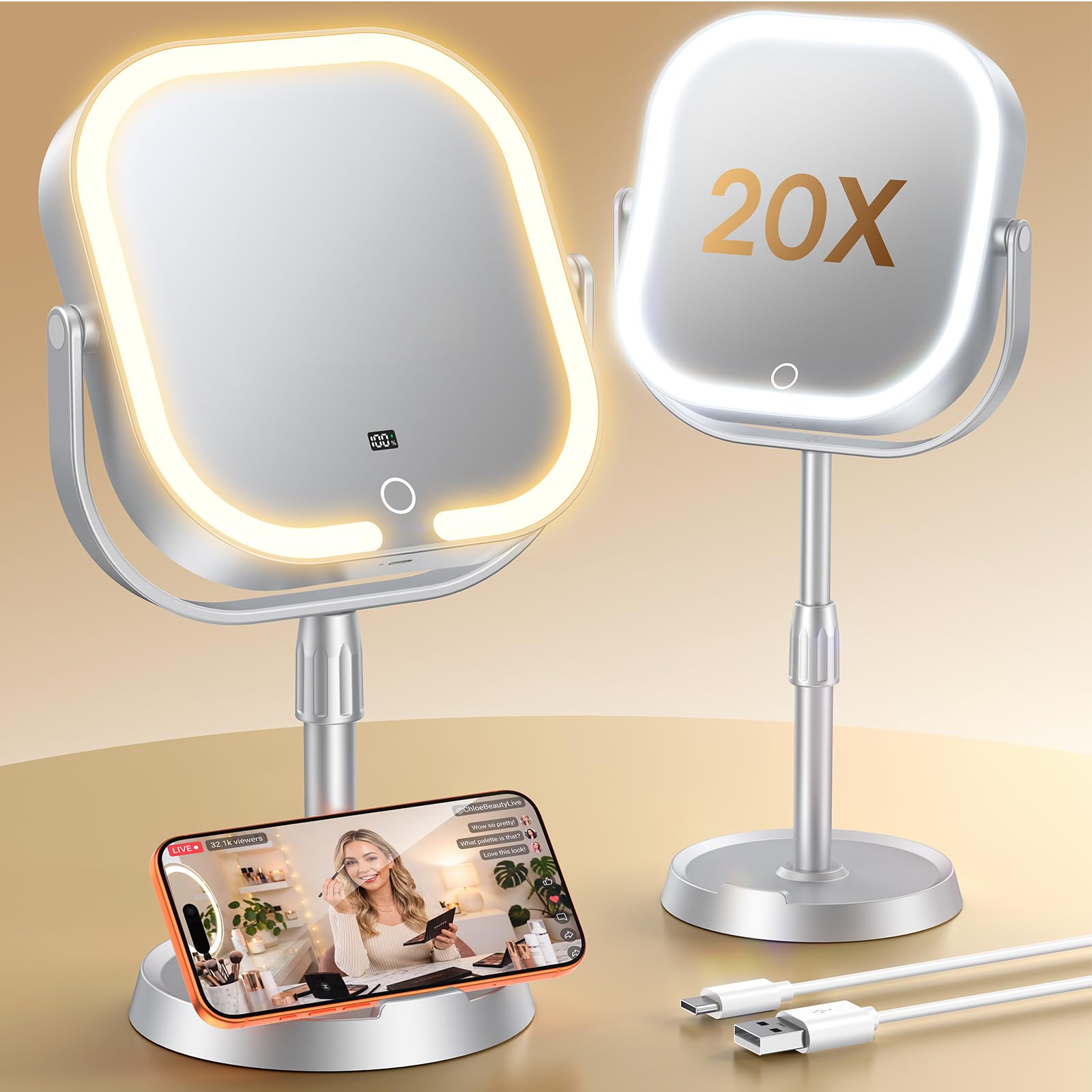 Gospire ABS Frame Lighted Makeup Mirror with Magnification 20X/1X,Rectangle