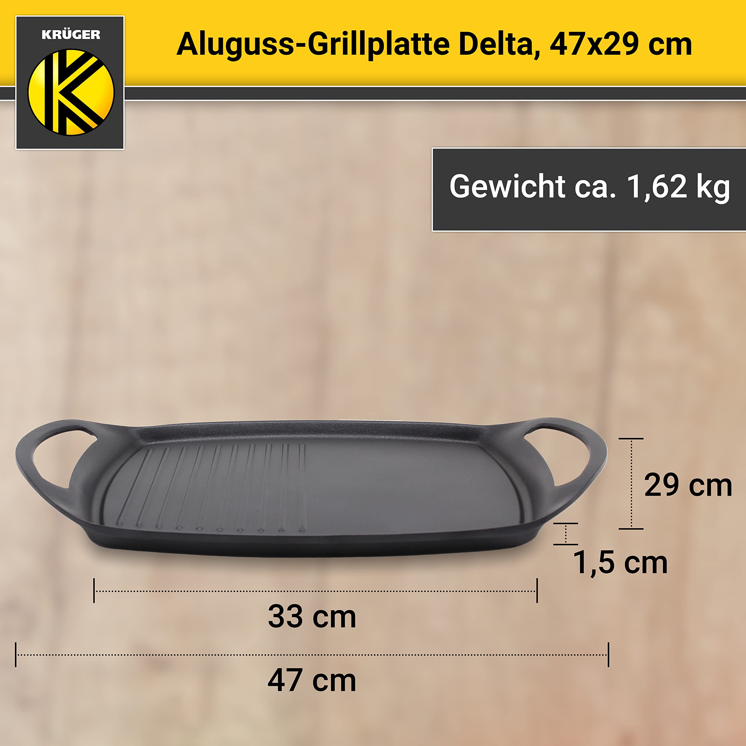 Krüger Aluguss Grillplatte Delta 47 x 29 cm | Mit Rillenboden | Induktion