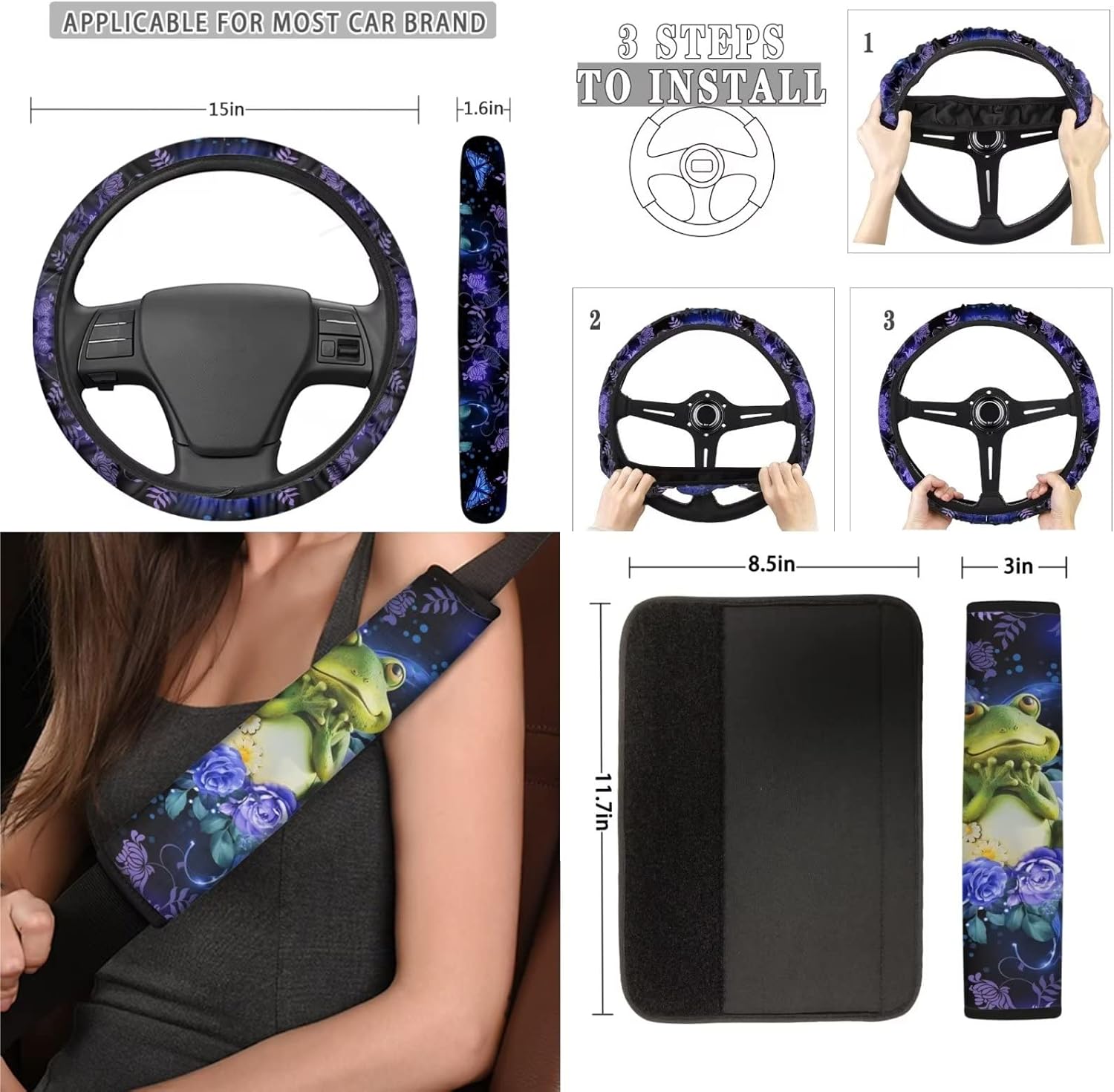 Poceacles 13 Pieces Frog Flower Car Accessories Full Set Includes Car Seat Cover Steering Wheel Shoulder Seat Belt Pads Cup Holder Chapstick Holder Keychain Decor