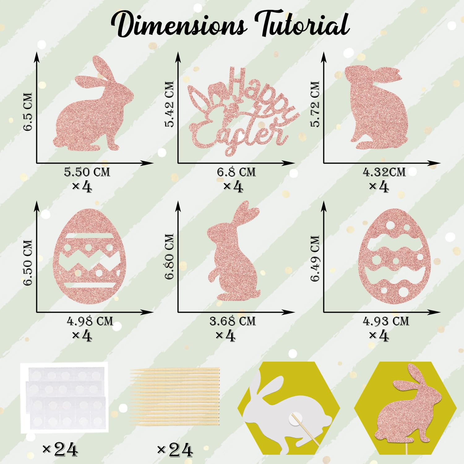 24Pcs Welcome Spring Easter Happy Easter Cupcake Topper Rose Gold Glitter - Image 2