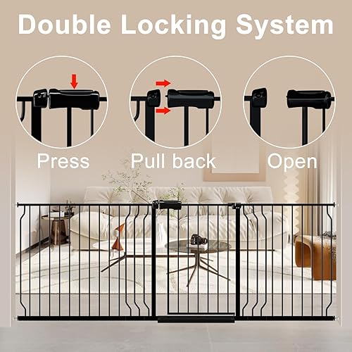 Miniatura 3 de WAOWAO Puerta de seguridad para bebés de 62.20-71.26" extra ancha con montaje a presión, con apertura de vaivén, cierre automático, de metal negro