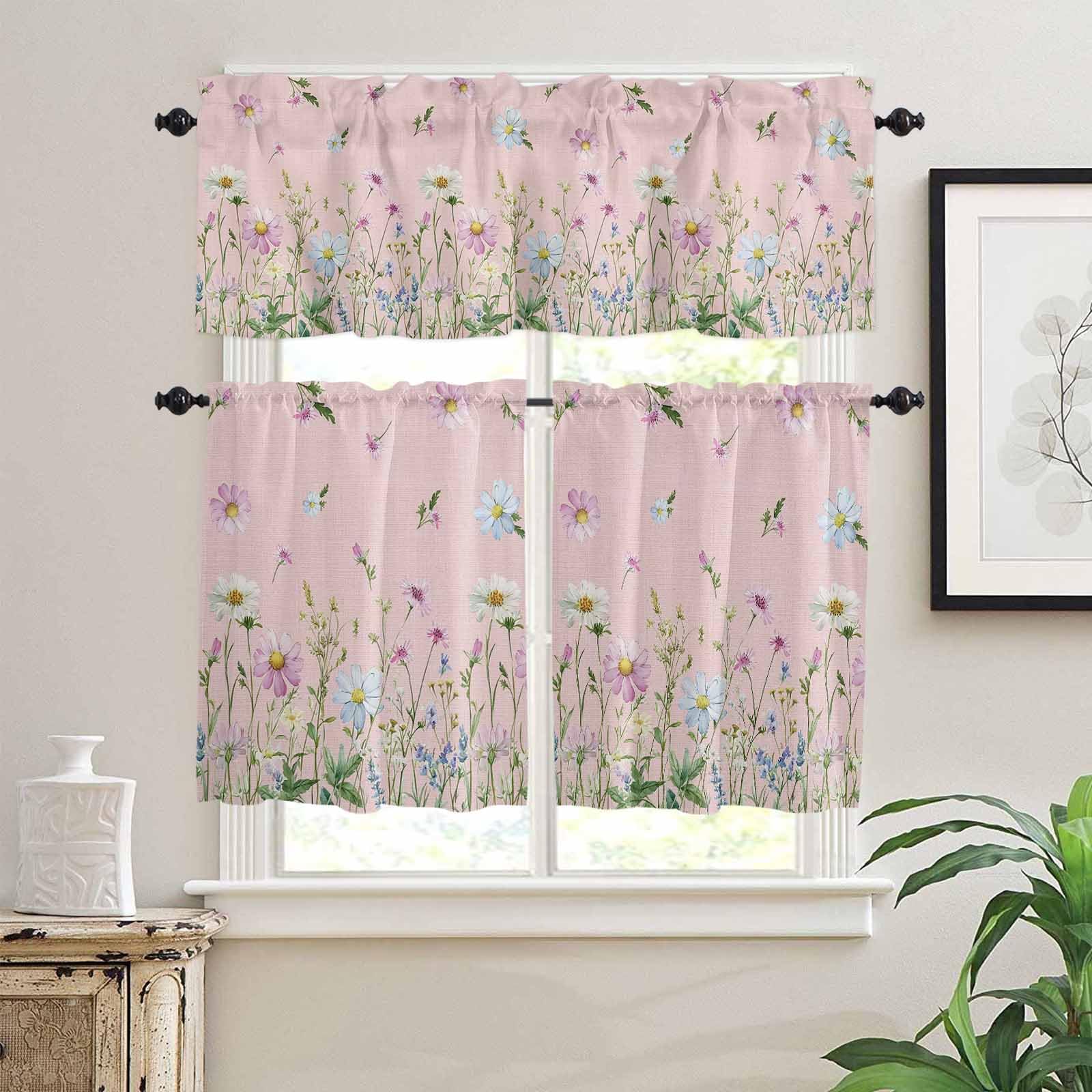 Flower Pink Kitchen Curtains 24 Inch Length,3 Piece Rod Pocket Small Half Tiers and Valance Set,Blue Pink Daisy Wildflower Floral Botanical Small Large Window Treatment Decor for Bedroom/Bathroom