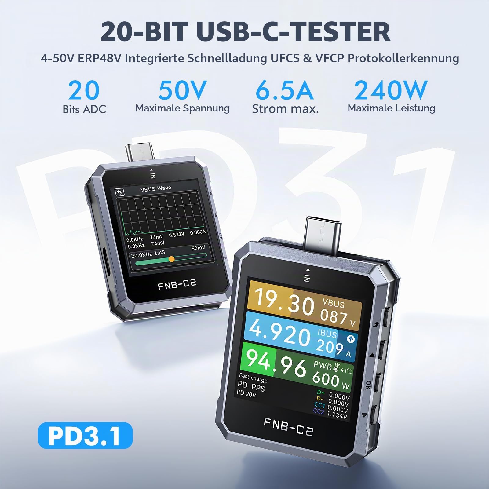 FNB-C2 USB C Messgerät, 4-50V 6.5A, USB Tester mit Anzeige PD3.1 | USB-Kabeltester Spannungs-Stromprüfer Multimeter, Kapazitäts- & Restwelligkeitsmessung mit App-Software, Schnellladeerkennung