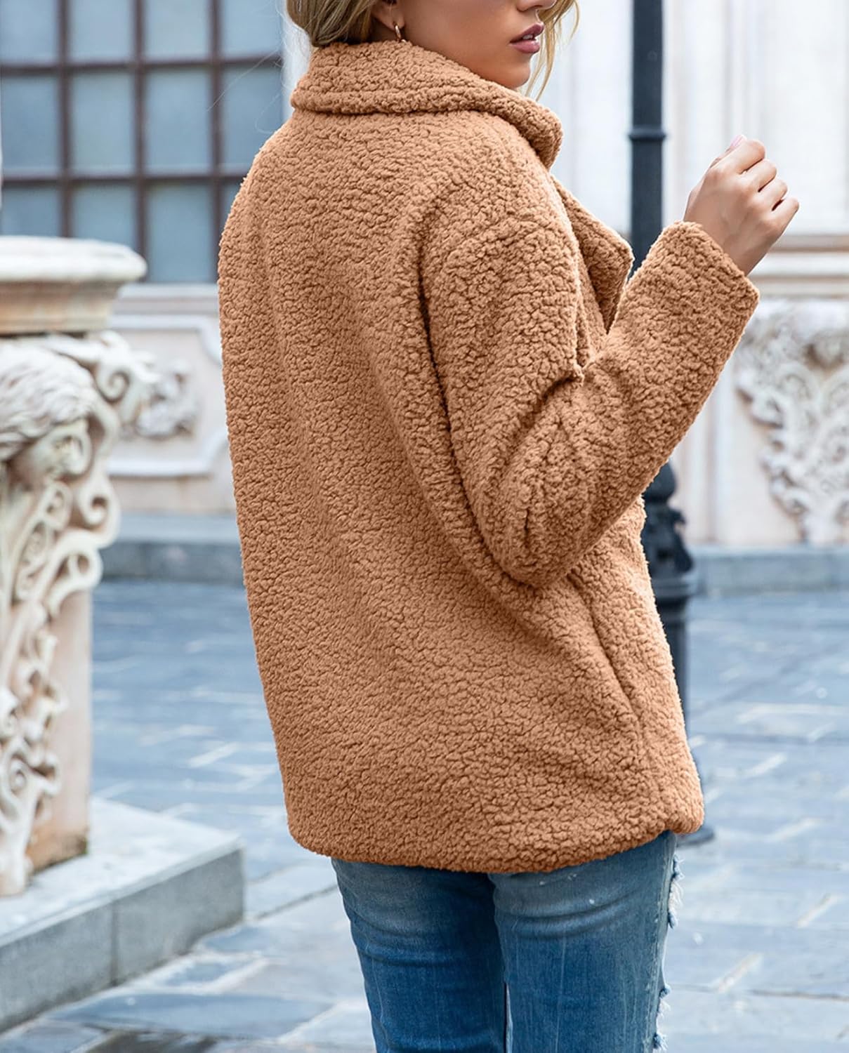 Women's Winter Warm Plush Cardigan Fuzzy Fleece Lapel Jacket with Buttons Pockets Long Sleeve Casual Outerwear - Image 6