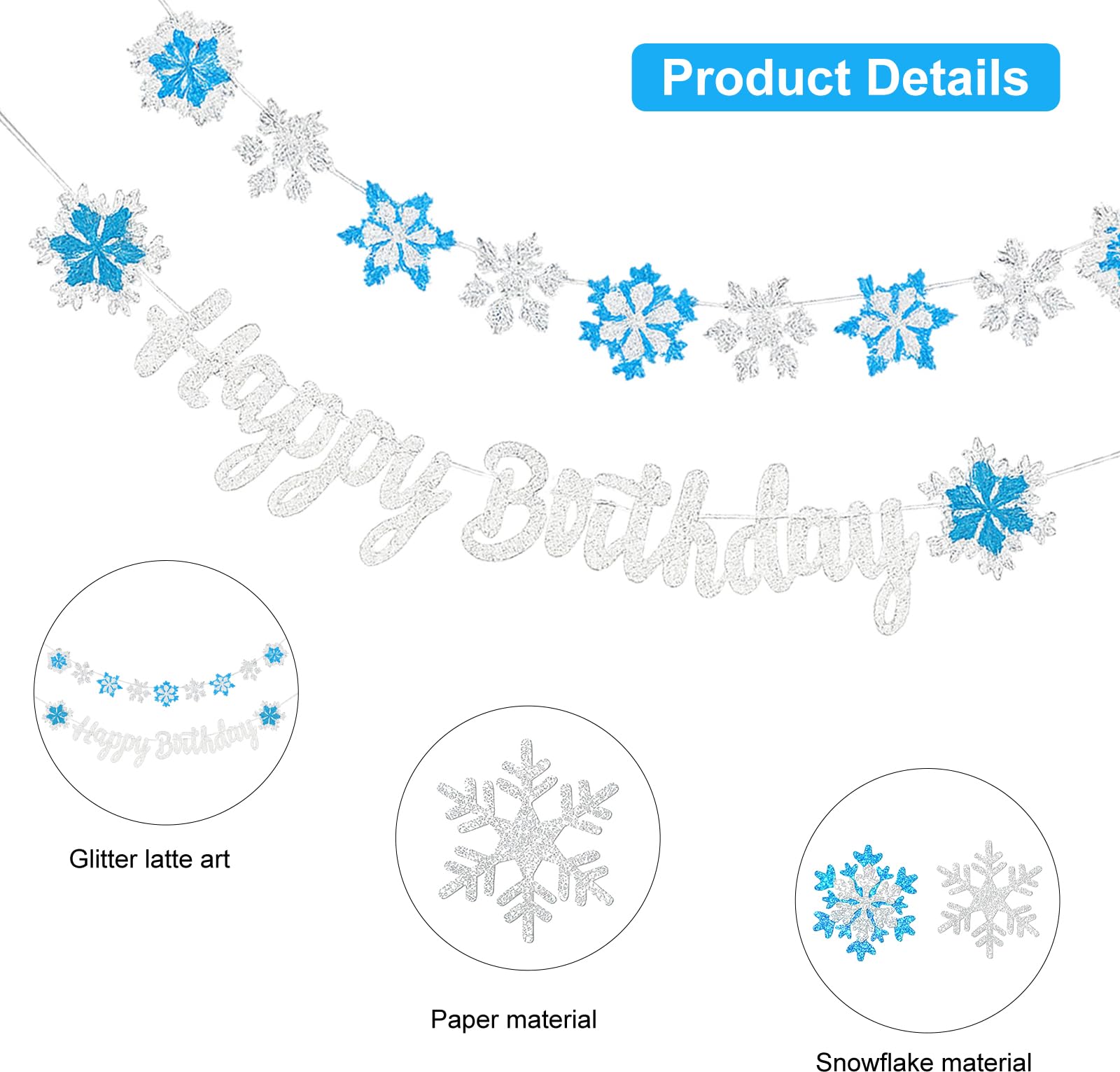 2PCS Banner Copos Nieve de Feliz Cumpleaños, Glitter Snowflake Decorations, Guirnalda Decoración de Copos de Nieve, Azul y Blanco Decoración Fiestas Cumpleaños Infantiles Fiesta Chicas