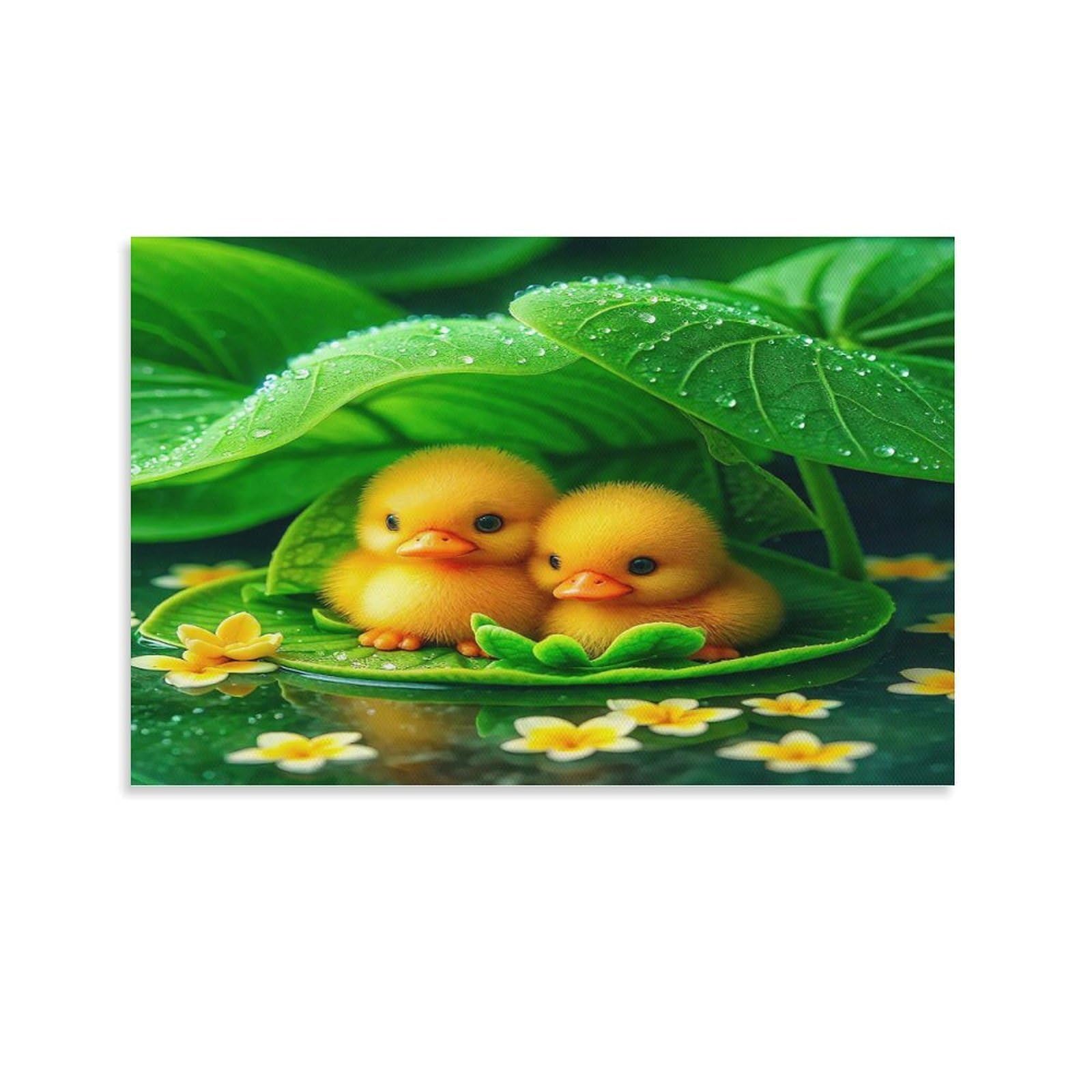 Cplvkwrqj Unframe-Style-1 Cute Duck Single Piece Two Ducklings Lotus Leaf Pond Flowers Canvas Wall Hanging - Kitchen Removable Wall Art Focal Point Ready To Hang 24X36inch(60X90cm)